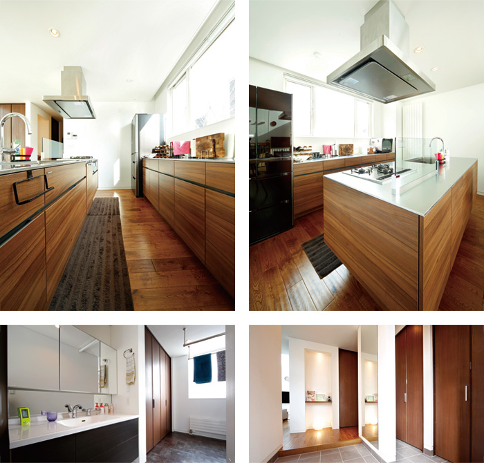キッチン アイランド型システムキッチン ウッド 洗面 ユーティリティ 玄関 収納 間接照明 | インゾーネの家